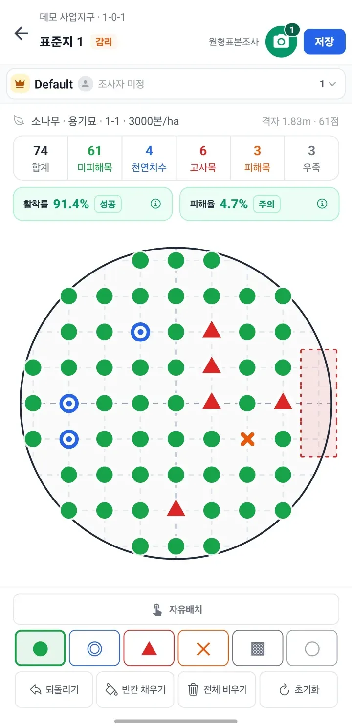 앱의 원형표본조사 야장. 격자에 미피해목과 고사목, 피해목을 찍고 활착률과 피해율이 위에 집계된다