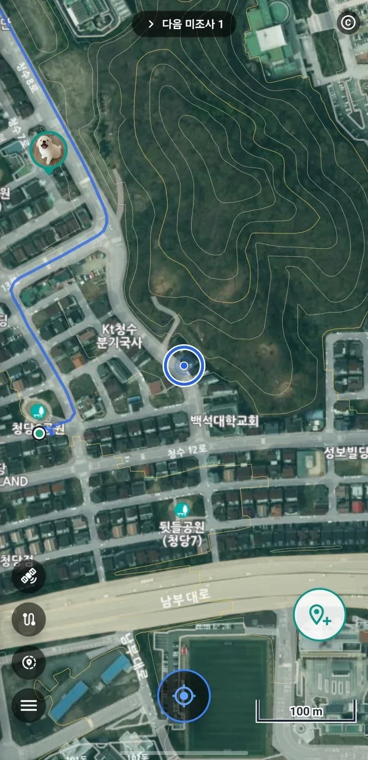 앱 지도. 위성 배경과 등고선 위에 파란 이동 경로와 동료 위치 마커, 내 위치가 표시된다